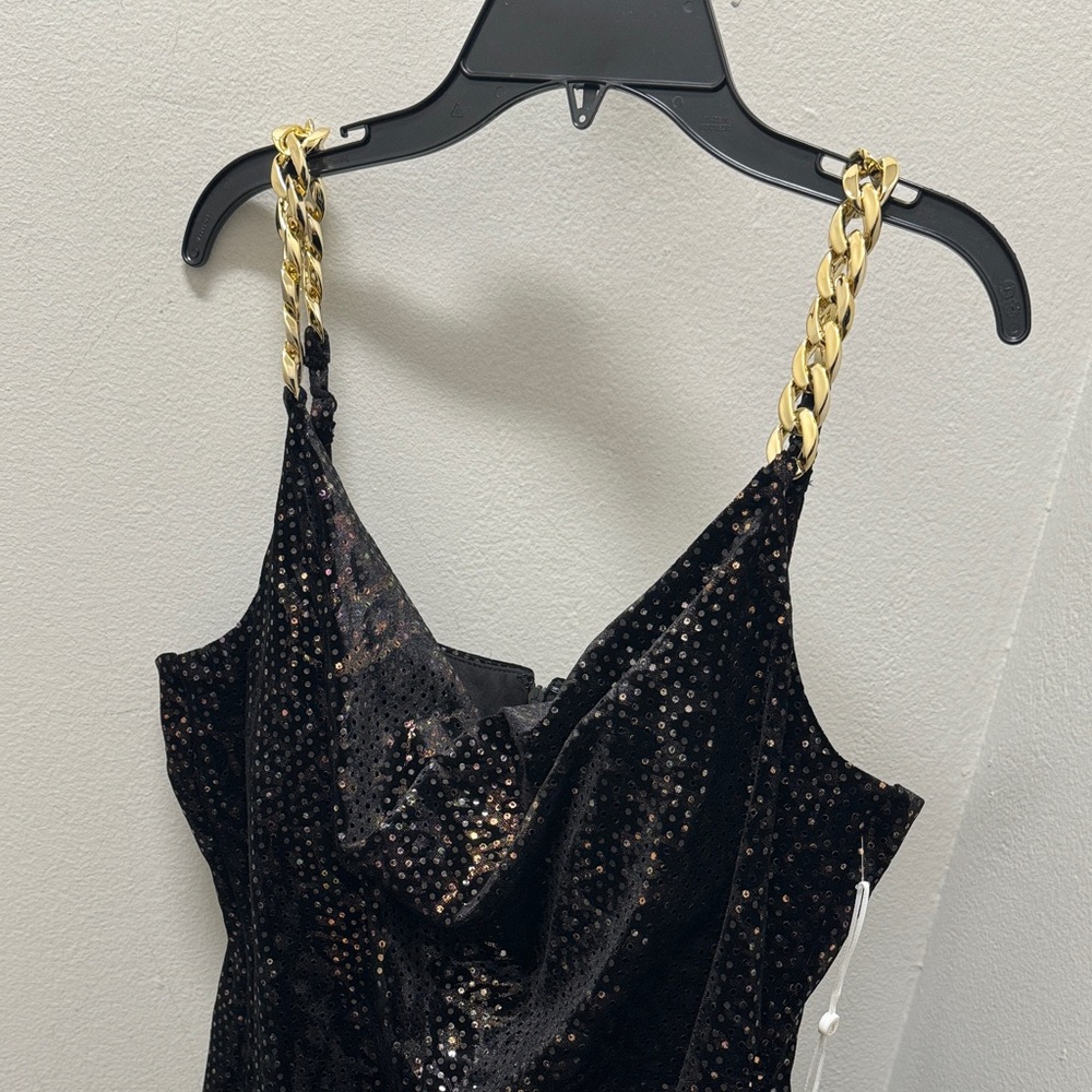 Black Sequin Mini Dress with Gold Chain Straps by Siena Size 16 - Picture 8 of 11
